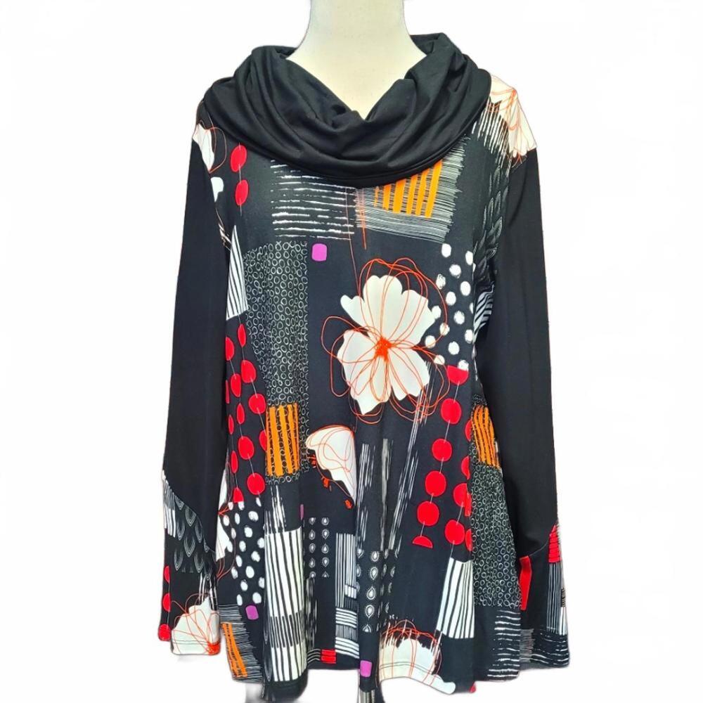 Cowl Neck Floral Print Tunic Top - Black/Red